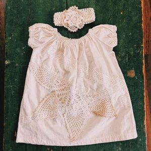 Antique Lace Crochet Baby Dress w Headband